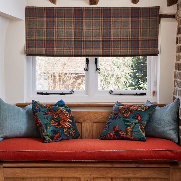 Custom made blind in Buchan Plaid by Ian Sanderson, cushions in Popinjay by Ian Sanderson